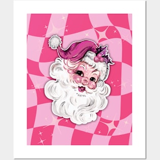 Pink Retro Santa Claus Checkerboard pattern Posters and Art